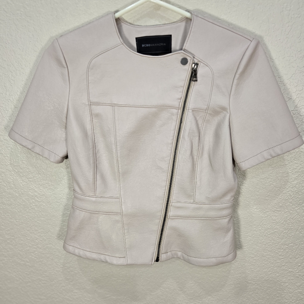 BCBG MAXAZRIA Cream Short Sleeve Faux Leather Jacket XS